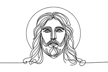 Single line vector image on white background. Portrait of Jesus with raised head