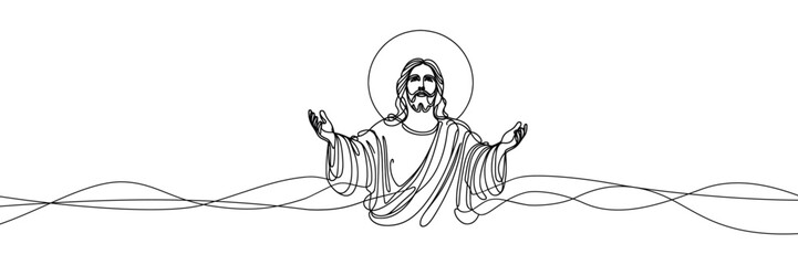 Single line vector image on white background. Portrait of Jesus with outstretched hands