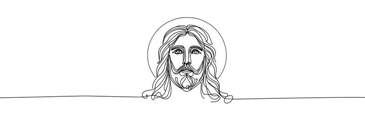 Single line vector image on white background. Portrait of Jesus with raised head