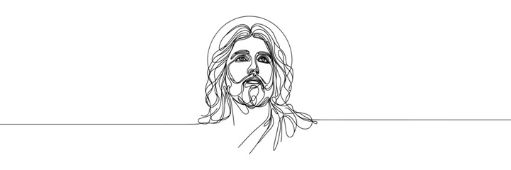 Single line vector image on white background. Portrait of Jesus with raised head