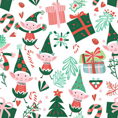 Fototapeta premium Whimsical Christmas Pattern with Elves, Candy Canes, and Gift Boxes on a Soft White Background
