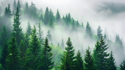 Misty mountain landscape with coniferous forest