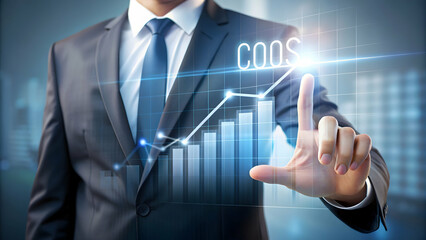 Businessman using virtual display to illustrate cost reduction and increased profits