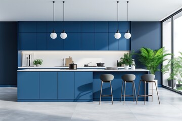 Modern minimalist blue kitchen interior, sleek design, contemporary look, indoor plants, stylish cabinetry, minimalist kitchen concept