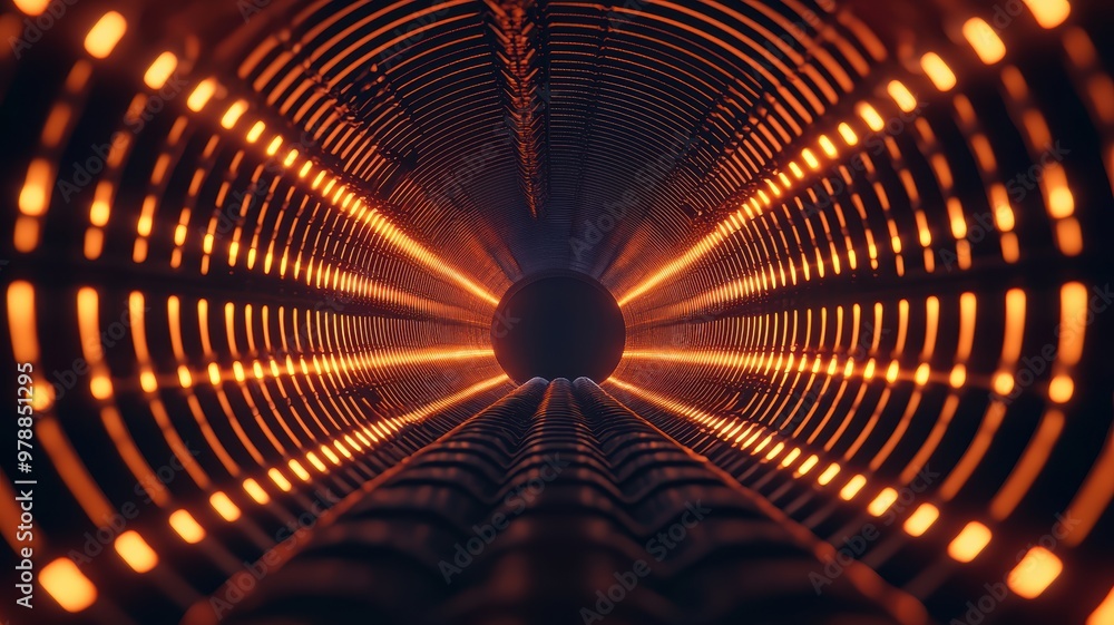 Poster a captivating view of an illuminated tunnel showcasing vibrant orange lights and intriguing patterns