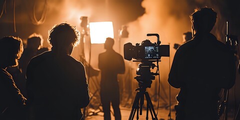 A silhouette of a cameraman filming a scene with a professional camera and tripod.