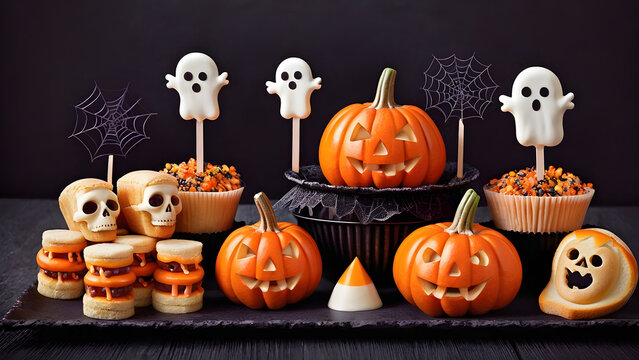 Halloween snacks concept background, Halloween day desserts, sweet dessert on Halloween, various unique snacks on Halloween, cute and unique desserts on Halloween day, ai generated