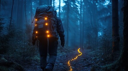 A hiking backpack with glowing LED lights illuminates the dark forest, creating a trail of light through the trees,