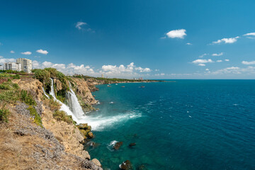 Lower Duden Waterfall in Duden Park, which flows from the cliffs in Antalya, Turkey into the Mediterranean Sea