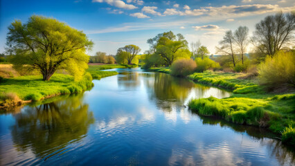 Peaceful river winding through a spring landscape , serene, calm, tranquil, nature, water, flow, peaceful, scenic