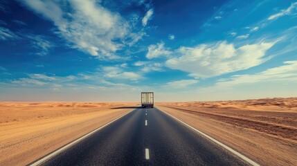 Naklejka premium A lone truck travels down an empty desert highway, with nothing but sand and open sky stretching for miles.