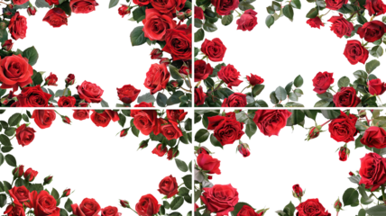 Set of frames of luxurious red roses in full bloom, with soft petals and green leaves, cut out
