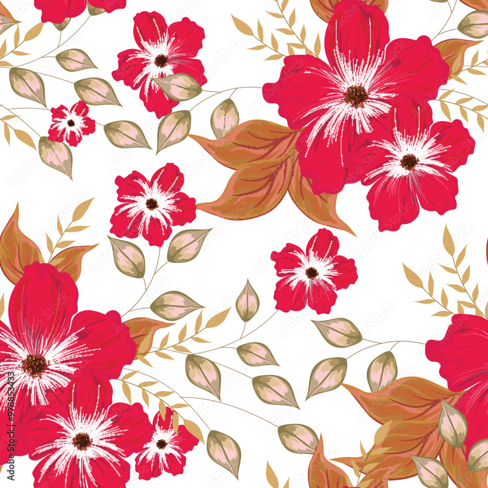 Poster Red flower with leaves decorated on brown seamless pattern background.