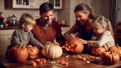 Fototapeta premium A family gathering around a table carving Halloween pumpkins with various designs