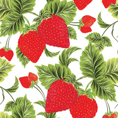 Botanical seamless pattern background decorated with strawberries and green leaves.