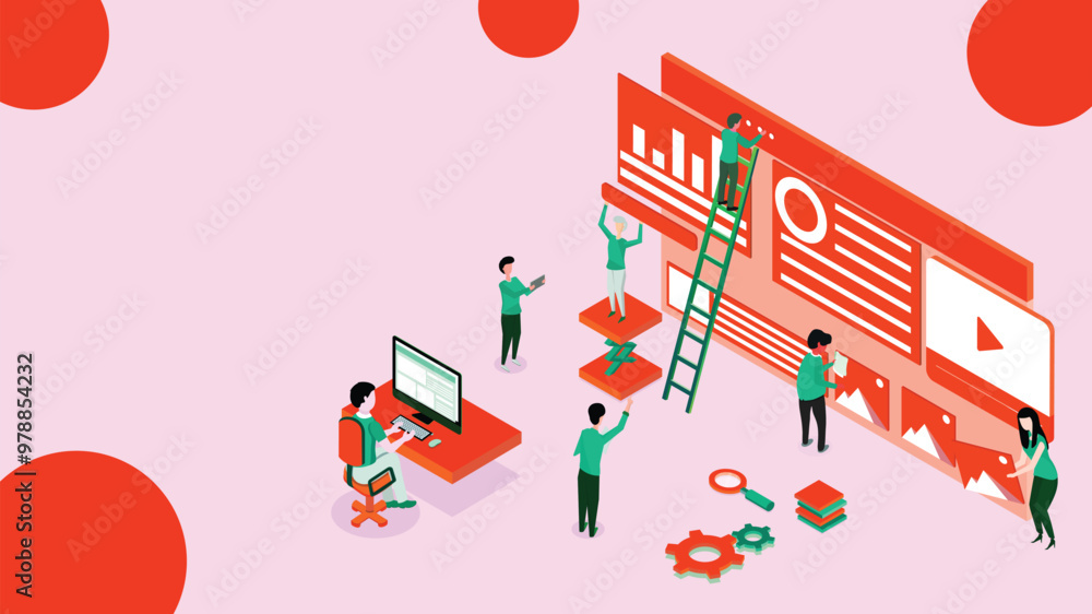 Aufkleber isometric illustration of business people maintaining the website or analyst analysis data for teamw