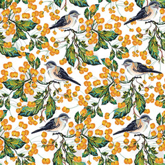 Creative seamless pattern background decorated with yellow berries and birds.