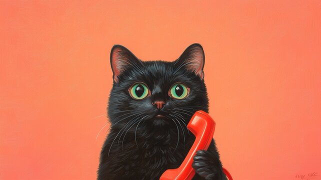 A playful black cat holding a red phone against a vibrant orange backdrop