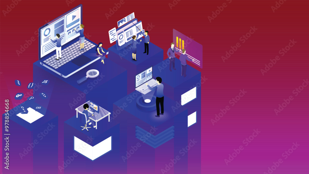 Aufkleber isometric illustration of business people working on different platforms for web development or team