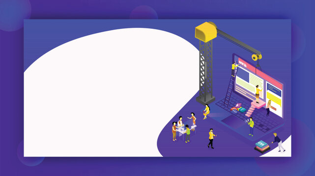 Isometric illustration of analysts or developers searching the problem with tower crane and different programming language sign for Teamwork or Web Development concept based isometric design.