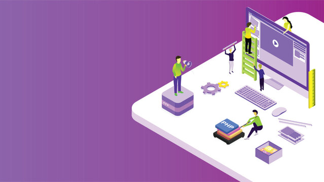 Miniature web developers maintain the website on computer with different programming language sign for Web Development or advertising concept based isometric design.
