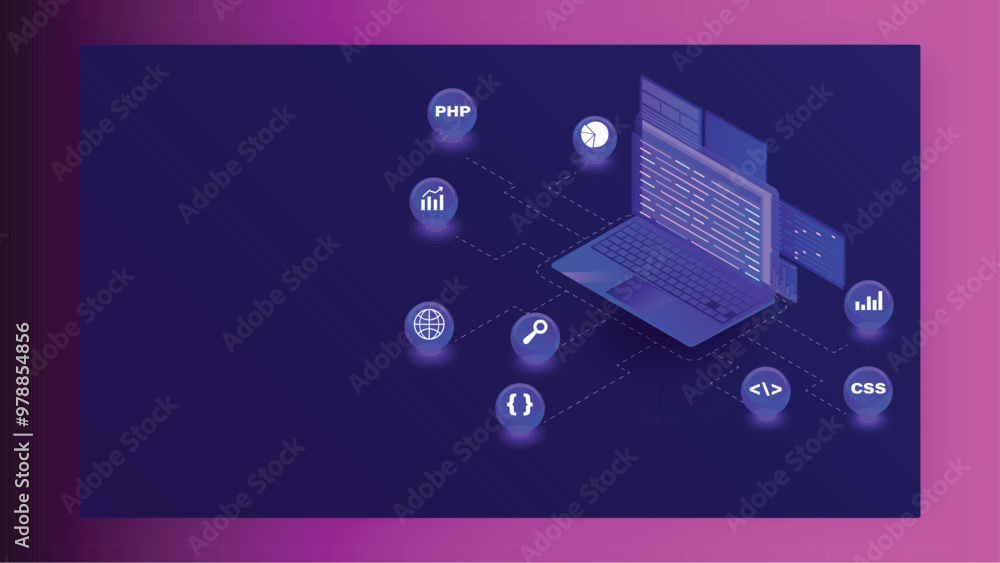 Poster isometric illustration of laptop with different programming languages symbol on blue background. can