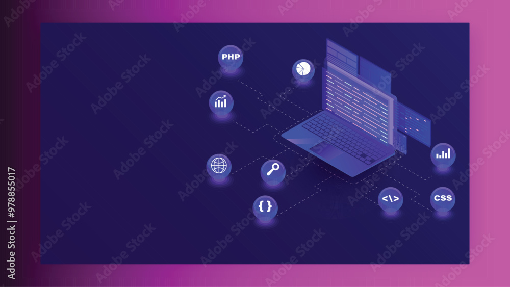 Poster isometric illustration of laptop with different programming languages symbol on blue background. can