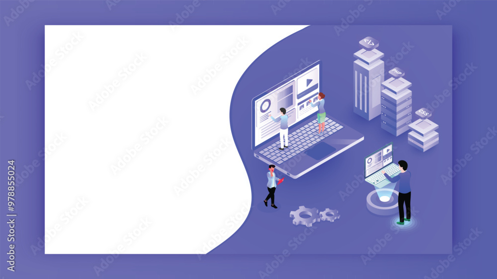 Poster 3d isometric illustration of miniature people working on laptop with different programming server on
