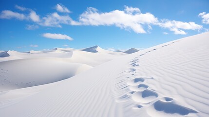 Serene white sand dunes under a bright blue sky with scattered clouds on a sunny day