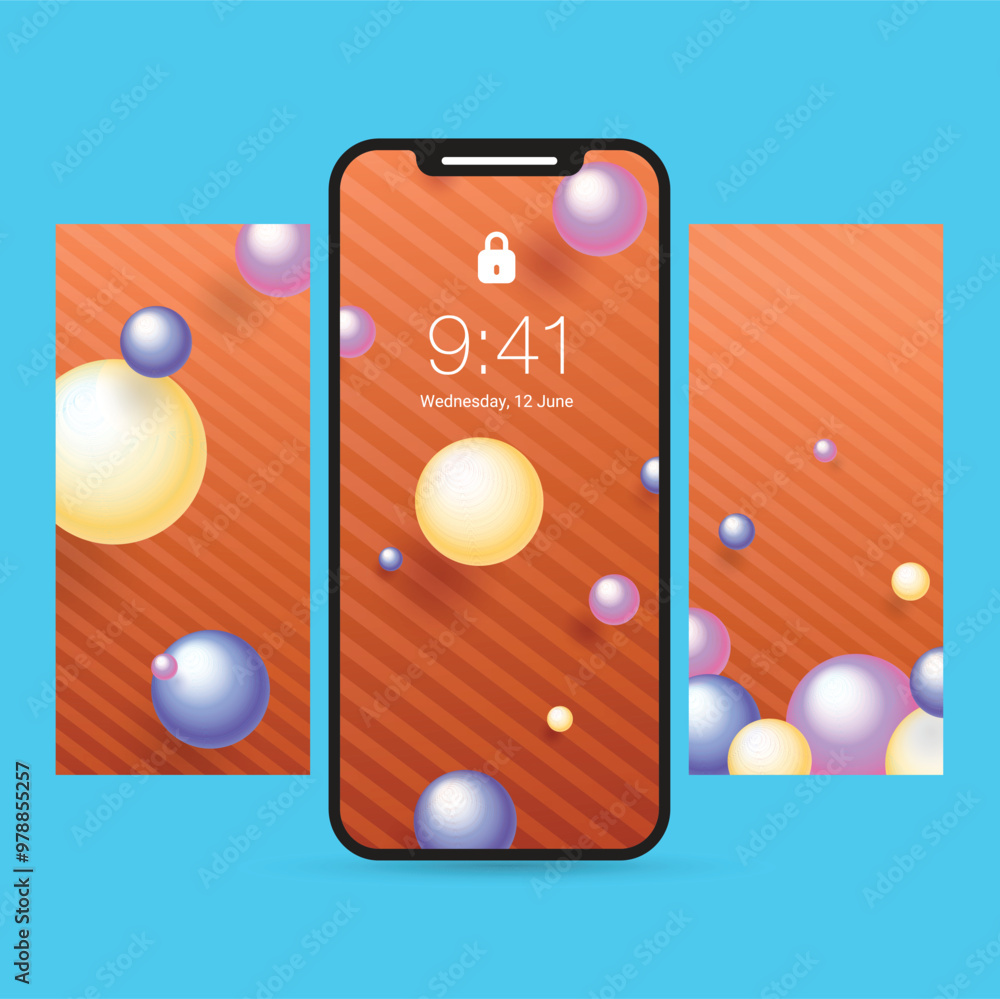 Poster mobile screen lock display and abstract geometric wallpaper designs.