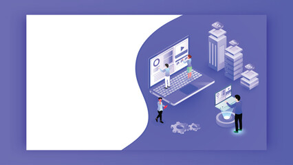 3D isometric illustration of miniature people working on laptop with different programming server on purple background.