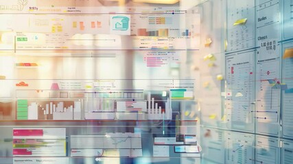 A vibrant office with a glass wall showcasing colorful data visualizations and sticky notes promotes collaboration and innovation, ideal for business analytics and project management.