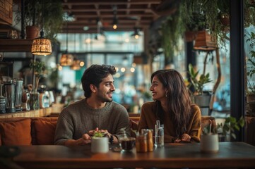 Indian Couple Enjoying a Conversation in a Cozy Café Setting generative ai