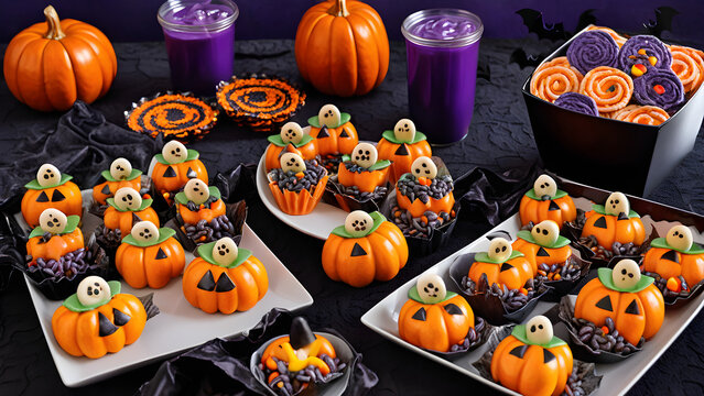 Halloween snacks concept background, Halloween sweets, Halloween food concept background, ai generated