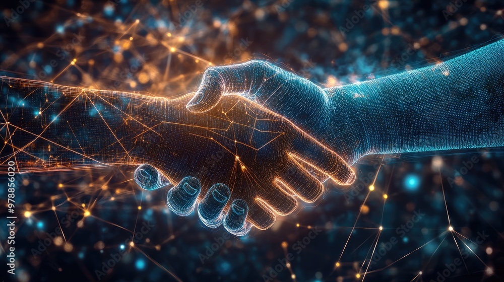 Poster abstract hands shaking in a digital mesh of lines and dots, with futuristic effects symbolizing glob