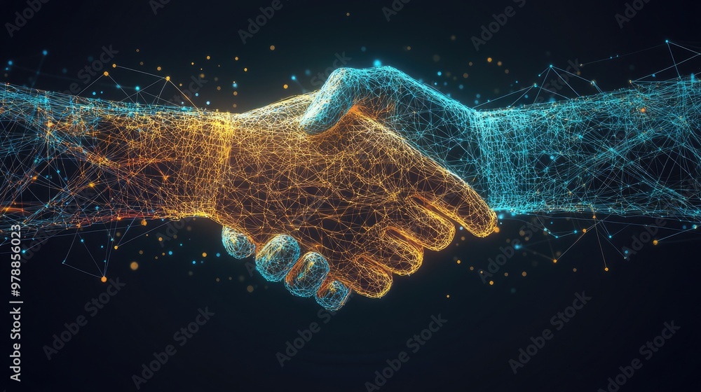 Poster abstract hands shaking in a digital mesh of lines and dots, with futuristic effects symbolizing glob