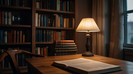 Home library workplace with wooden table, books and desk lamp near window background.