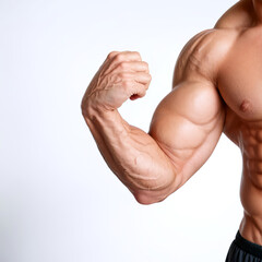 Muscular male arm on white background