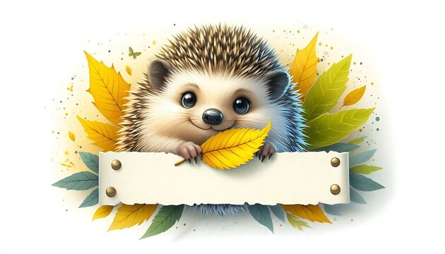 Watercolor autumn illustration of a hedgehog with yellow leaves,for a greeting card with copy space,background,banner	