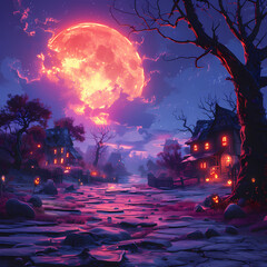 Halloween night landscape with pumpkins and scary houses, high details, hyper-realistic
