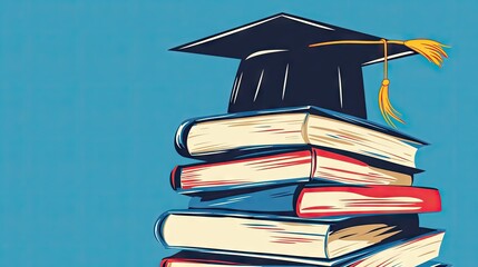 An illustration of a stack of books with a graduation cap, representing the knowledge gained through education and the accomplishment of graduating.
