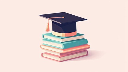 An illustration of a stack of graduation books, symbolizing knowledge and achievement, with a graduation cap resting on top, set against a clean background.