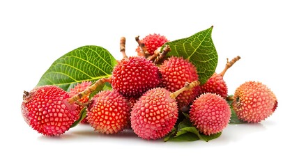 Fresh lychee fruits with leaves isolated on a white background.