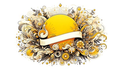 Abstract yellow banner design featuring dynamic shapes and floral style patterns with copy space,greeting card