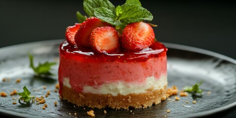 Delicious Strawberry Cheesecake with Fresh Mint on a Dark Plate
