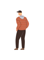 Man standing with his back towards the viewer, wearing a checkered jacket, black pants, and a baseball cap. Ideal for fashion, street style, casual wear, outfit design, outdoor attire. Modern