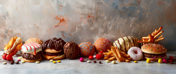 Concept of junk food including fast food and confectionery products