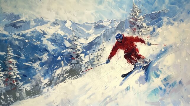 Dynamic Painting of Skier in Red Suit Descending Snowy Mountain Amidst Scenic Winter Landscape