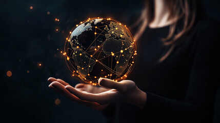 View of hands holding a colorful digital globe with a glowing lighting digital interface. Science and artificial intelligence technology. Generative AI	