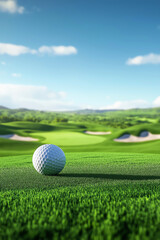 Golf banner. Golf ball on the tee in a beautiful green landscape